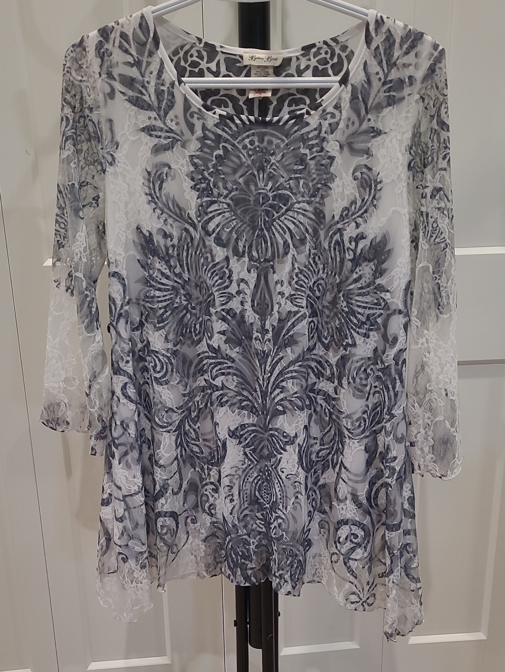 Brittany Black White Top with Gray Floral Lace Overlay